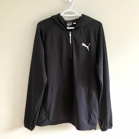 PUMA Men's Black 1/4 zip Hoodie Long Sleeve Sweatshirt Thumbholes Hood Size M - Picture 7 of 8